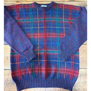 Scott Officer Mens Blue Red Plaid 100% Lambswool Made in Scotland Sweater Medium